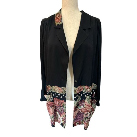 80's Needlepoint Floral Jacket Top Black Low V Neck Size 8 Boho Whimsigoth Gypsy - Picture 8 of 10